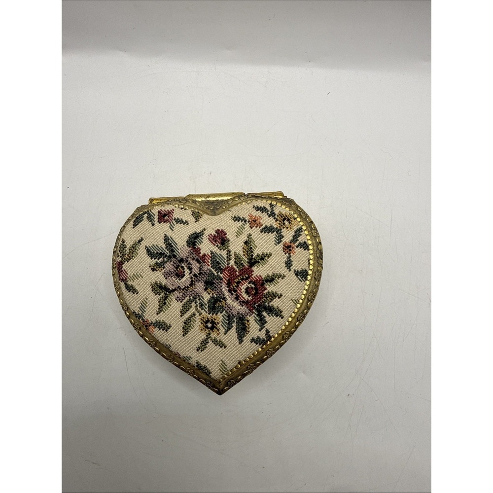 Vintage Floral Tapestry Jewelry Trinket Box Japan Brass Gold Tone Needlepoint - Picture 4 of 11